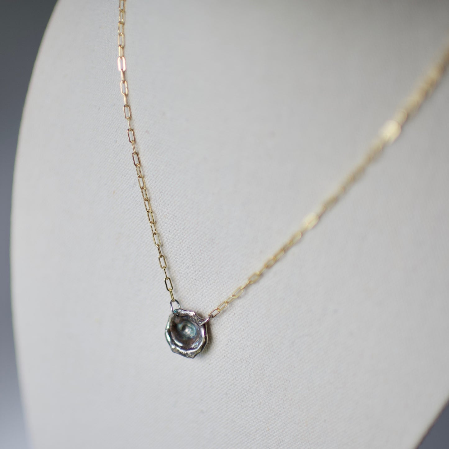 Lake Michigan Formed Sterling Pendant Necklace 5 on 14k Gold Fill Necklace, Oxidized Sterling