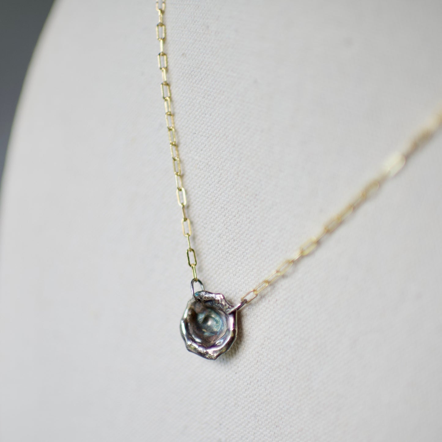 Lake Michigan Formed Sterling Pendant Necklace 5 on 14k Gold Fill Necklace, Oxidized Sterling