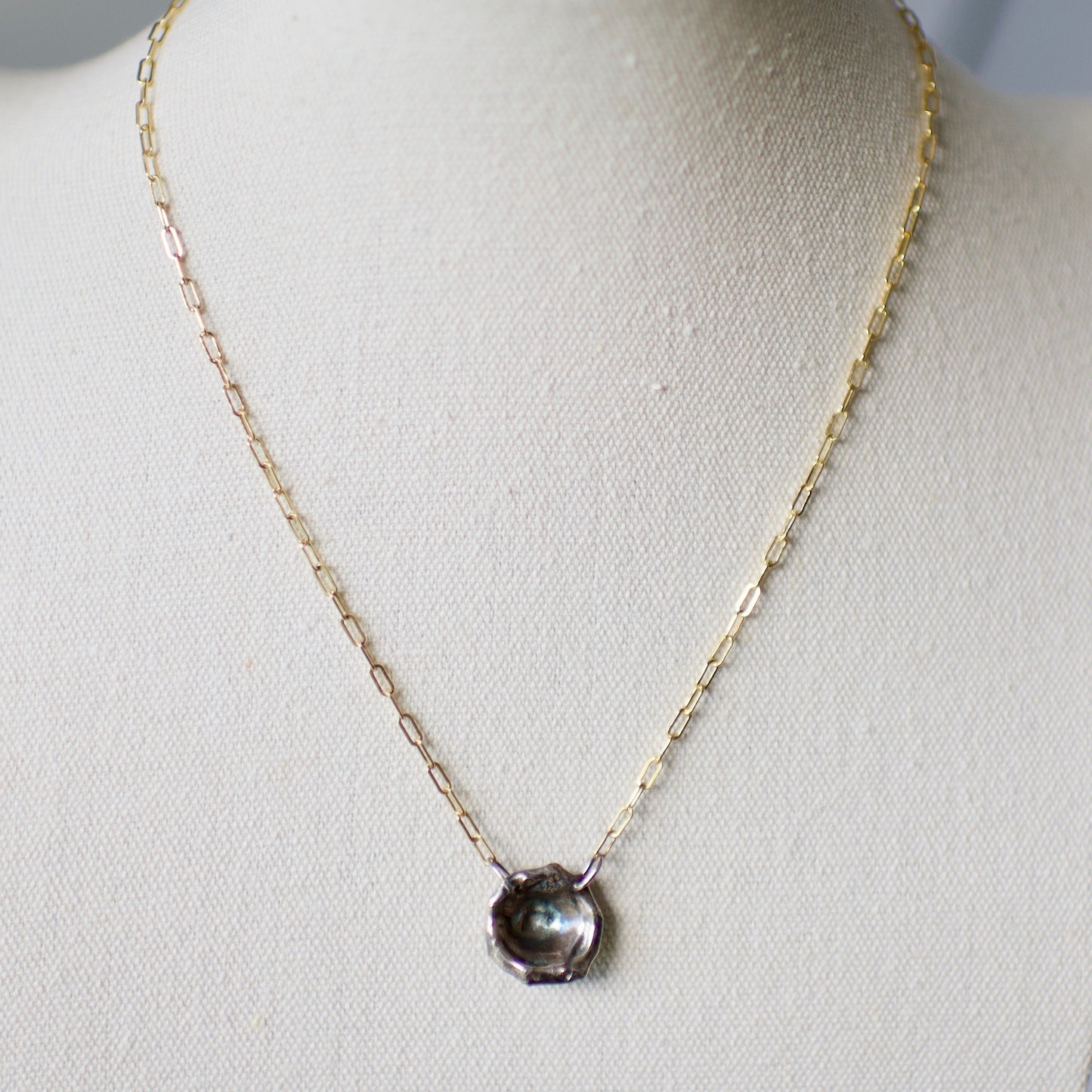 Lake Michigan Formed Sterling Pendant Necklace 5 on 14k Gold Fill Necklace, Oxidized Sterling