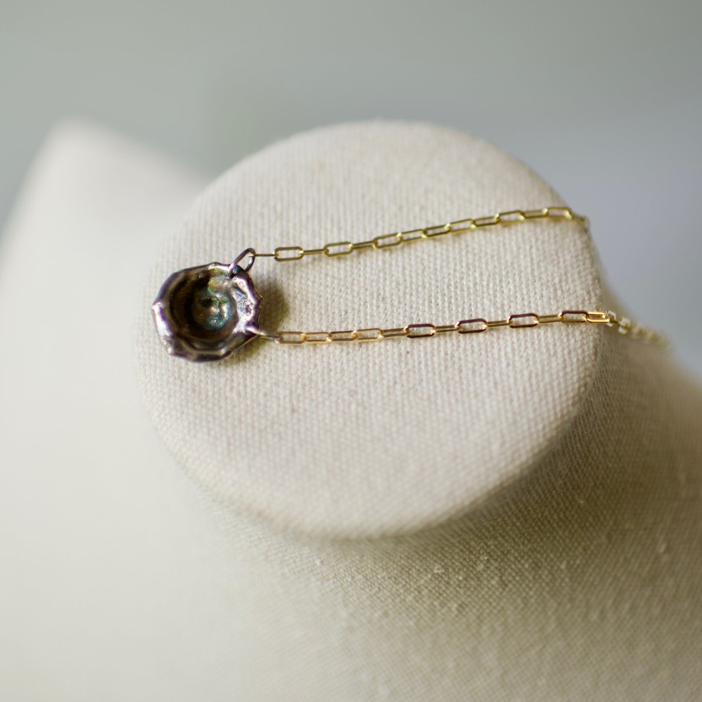 Lake Michigan Formed Sterling Pendant Necklace 5 on 14k Gold Fill Necklace, Oxidized Sterling