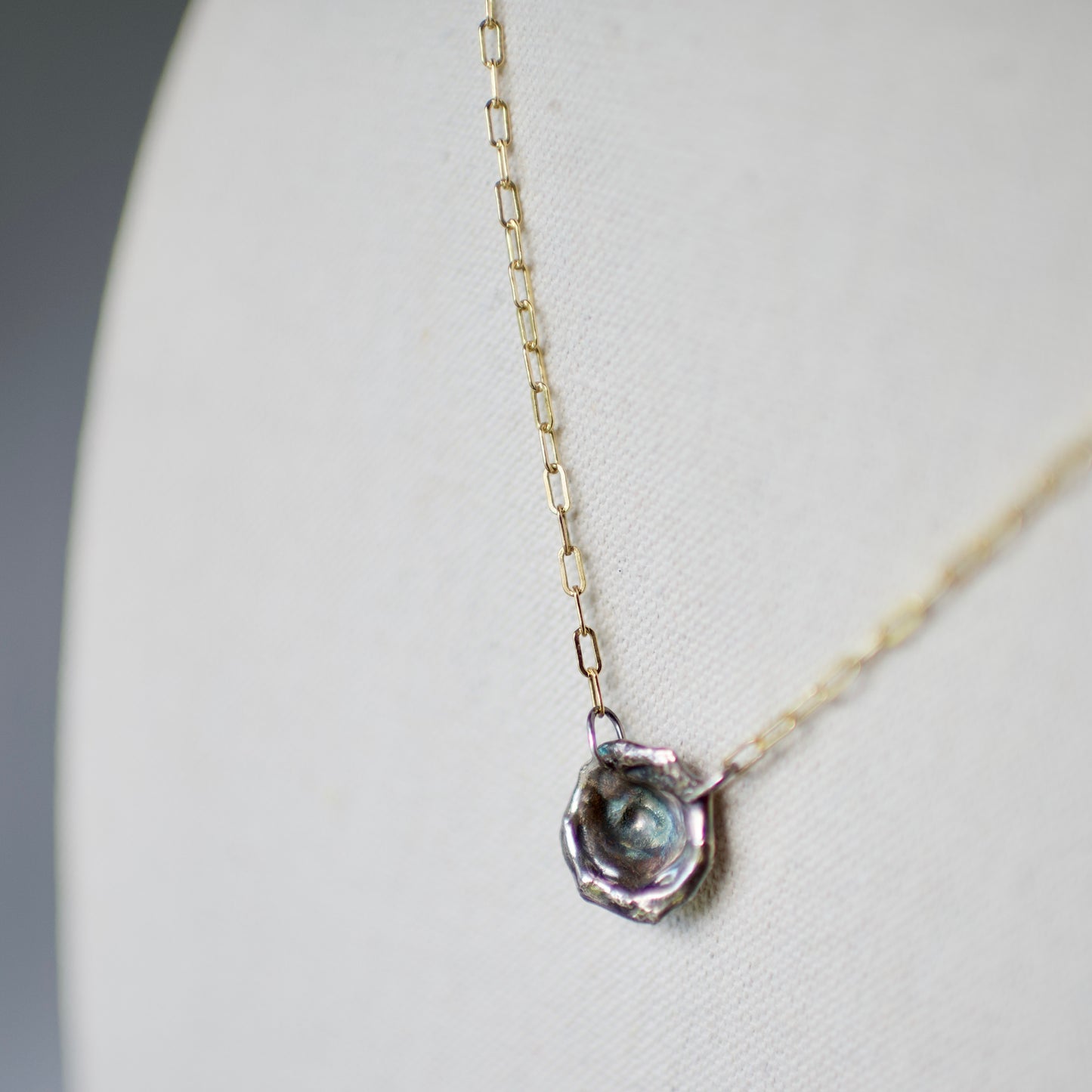 Lake Michigan Formed Sterling Pendant Necklace 5 on 14k Gold Fill Necklace, Oxidized Sterling