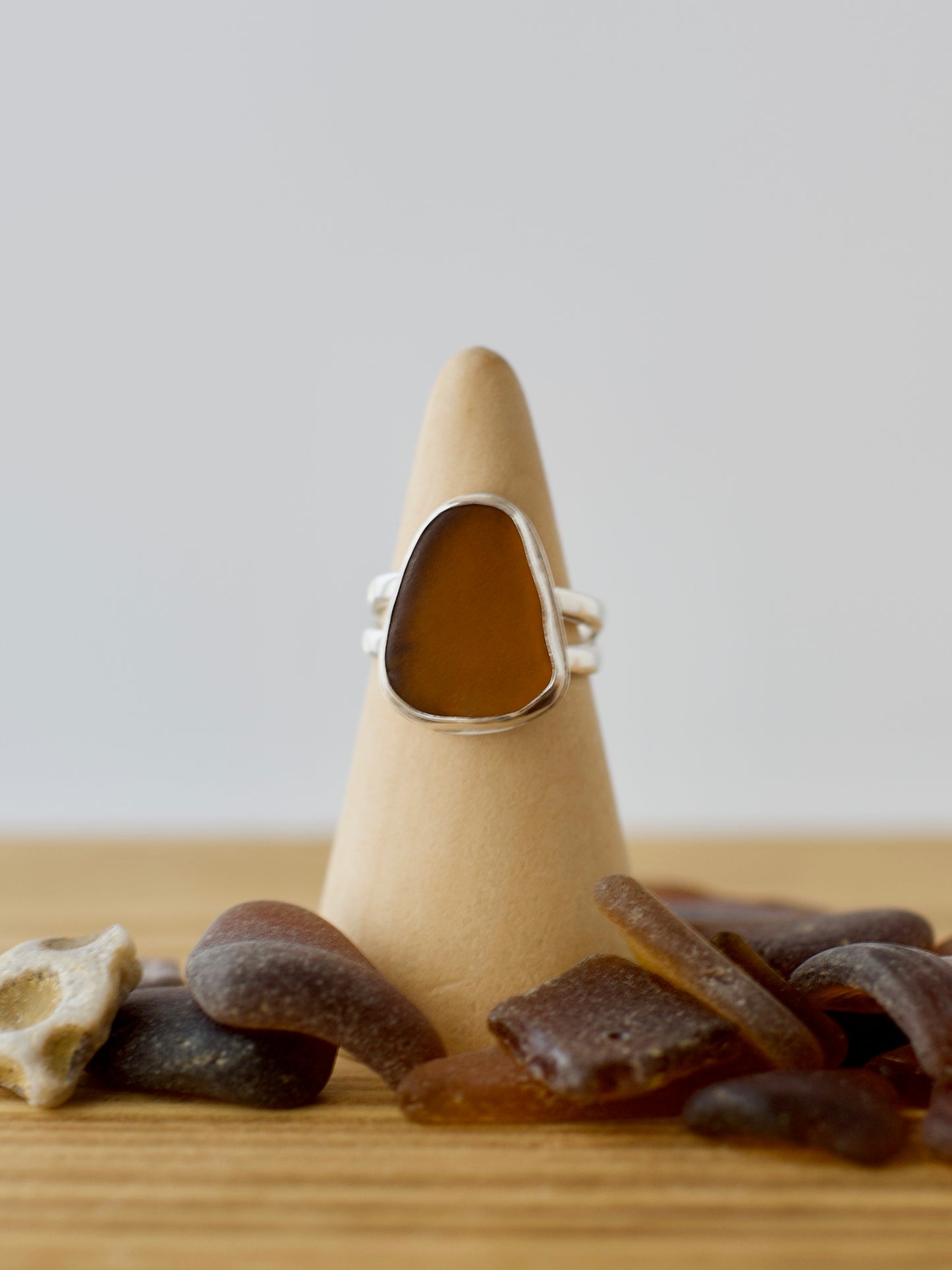 D. One-of-a-Kind Great Lakes Beach Glass Ring - Amber - Size 6.75