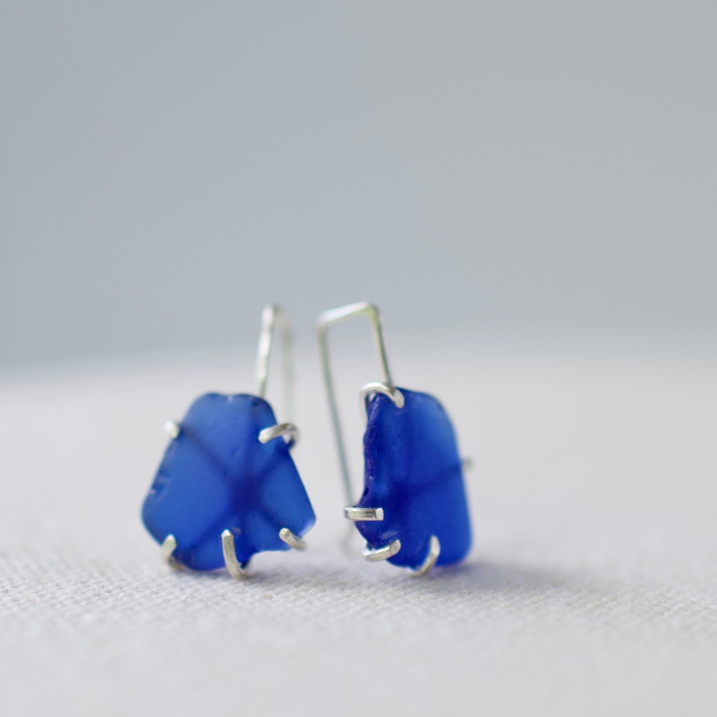 Ethereal Blue Beach Glass Prong Set Threader Earrings