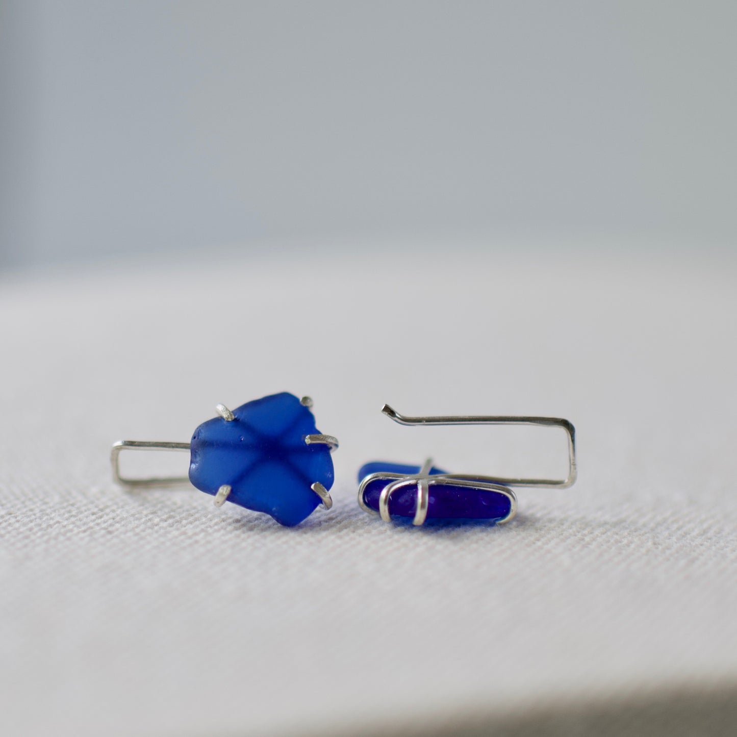 Ethereal Blue Beach Glass Prong Set Threader Earrings