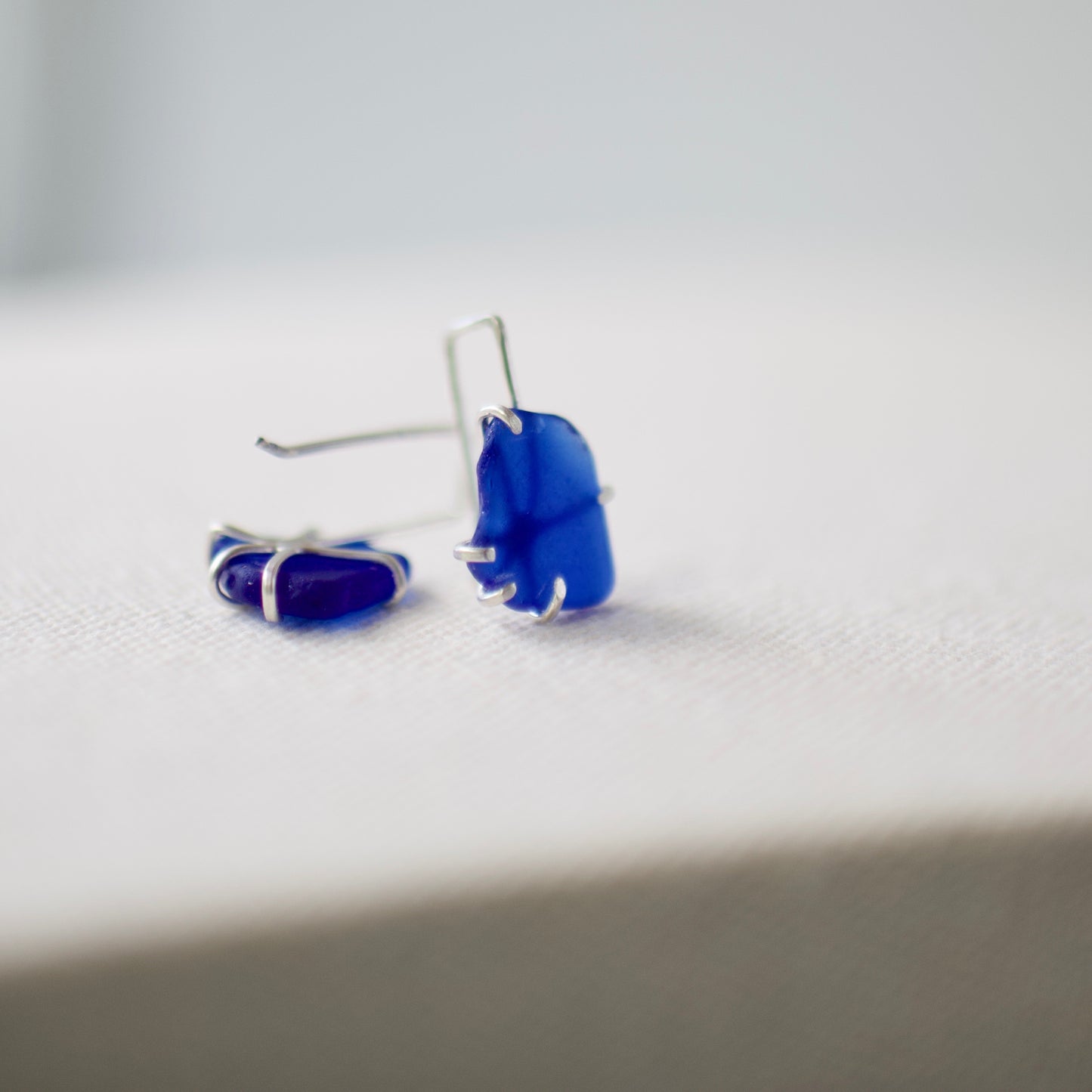Ethereal Blue Beach Glass Prong Set Threader Earrings