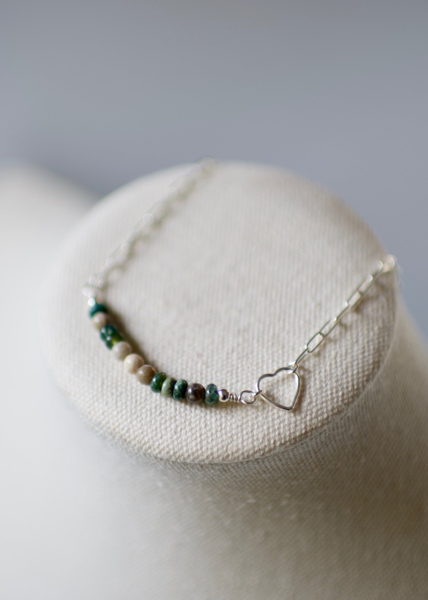 Sterling Silver Paperclip Chain with Petoskey Stone and Moss Agate Morse Code Bead Bar LOVE Necklace