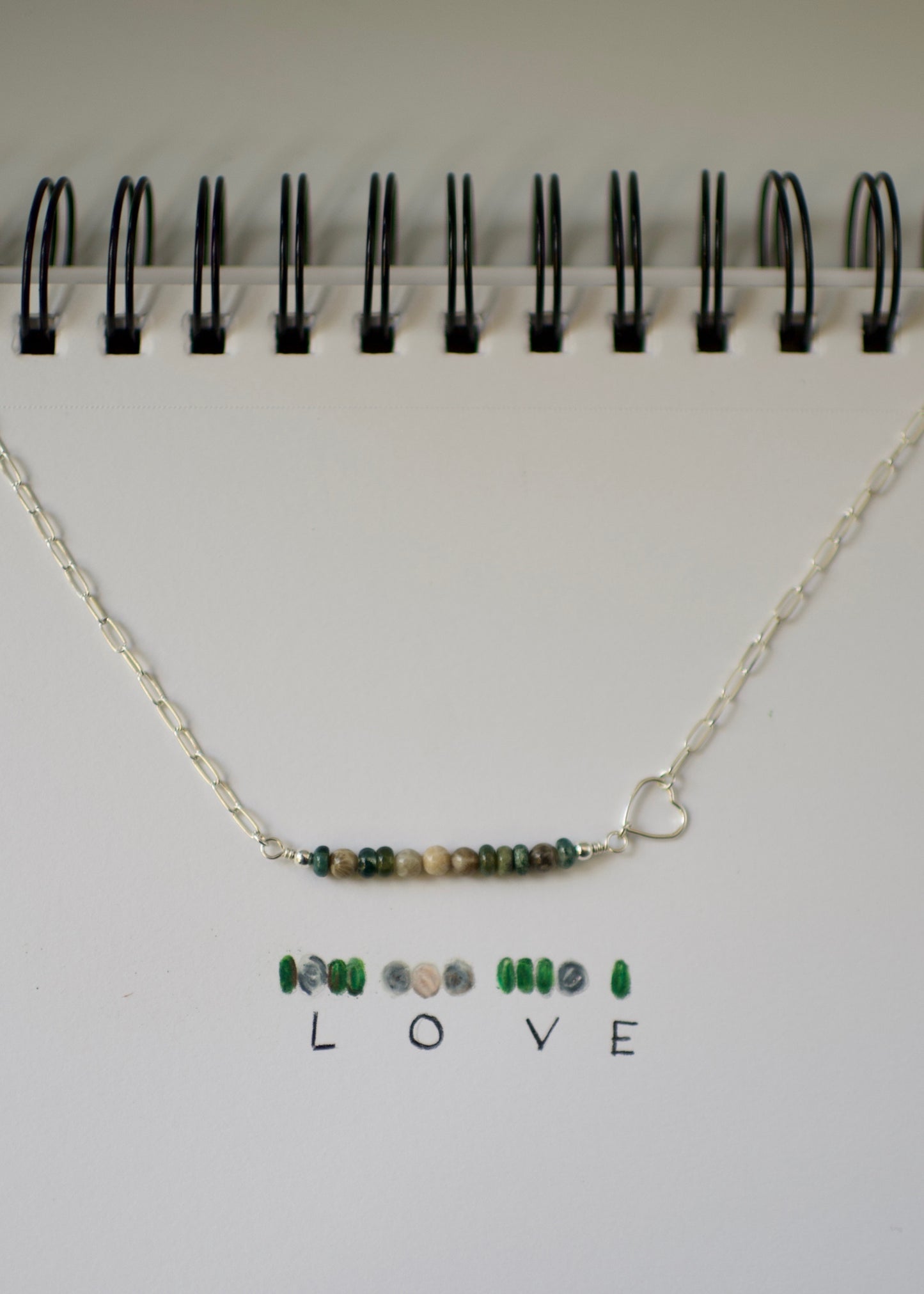 Sterling Silver Paperclip Chain with Petoskey Stone and Moss Agate Morse Code Bead Bar LOVE Necklace