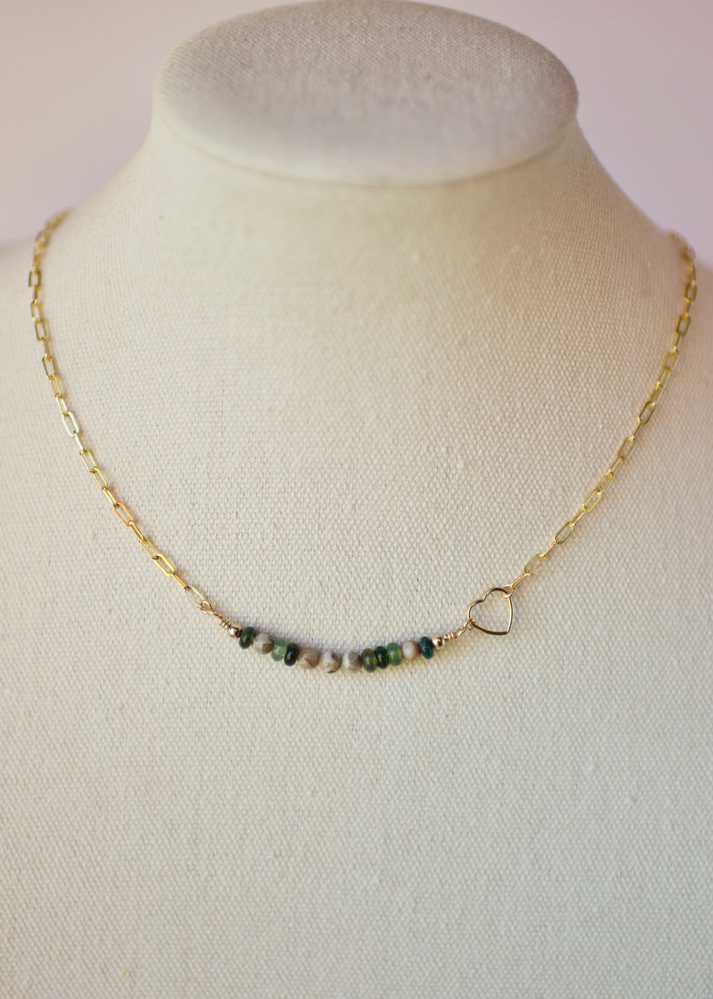 14k USA Gold Fill Paperclip Chain with Petoskey Stone and Moss Agate Morse Code Bead Bar LOVE Necklace