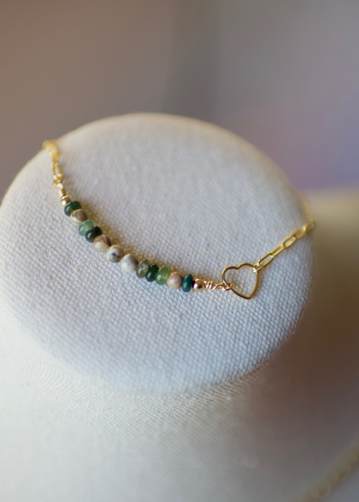 14k USA Gold Fill Paperclip Chain with Petoskey Stone and Moss Agate Morse Code Bead Bar LOVE Necklace