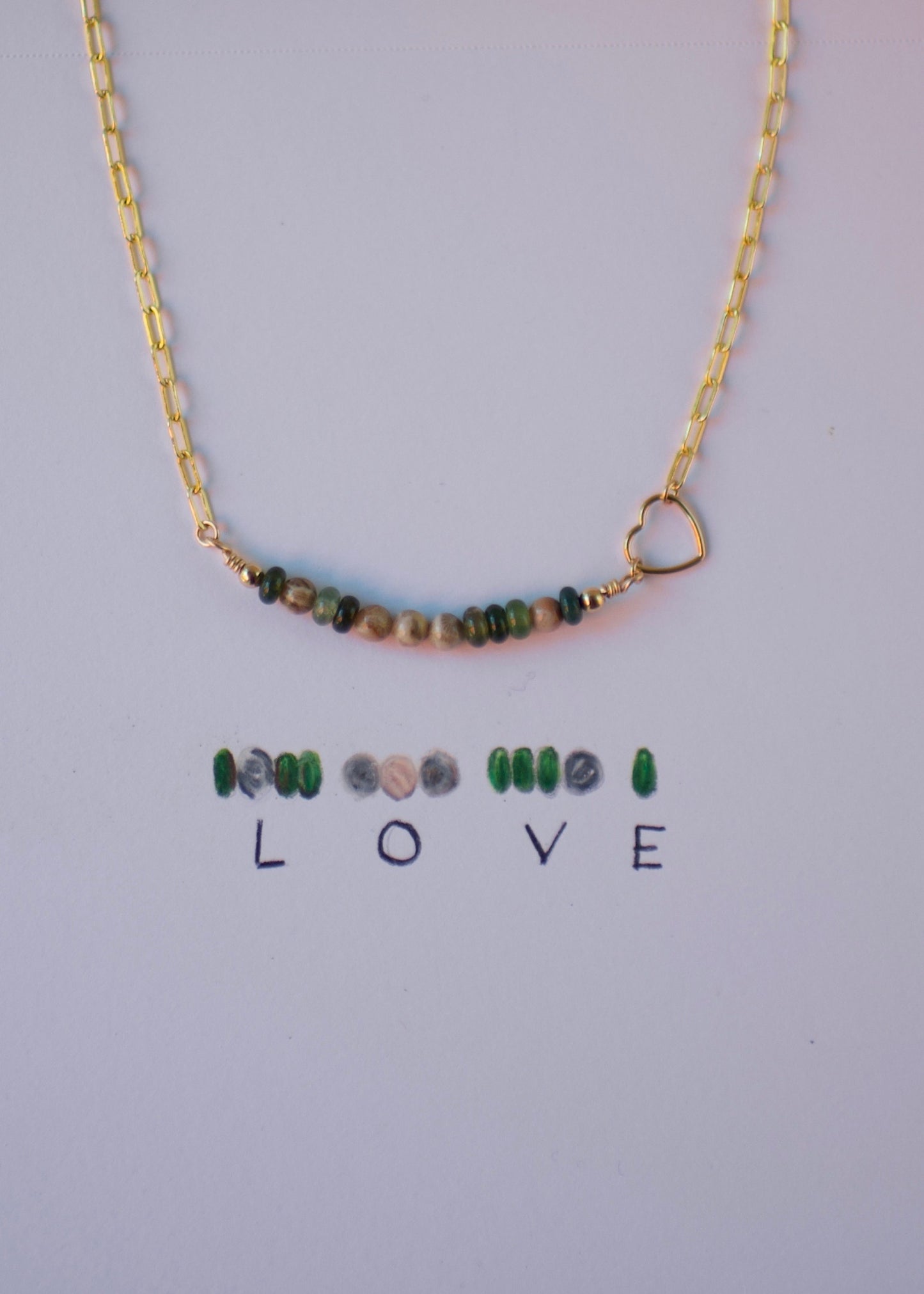 14k USA Gold Fill Paperclip Chain with Petoskey Stone and Moss Agate Morse Code Bead Bar LOVE Necklace