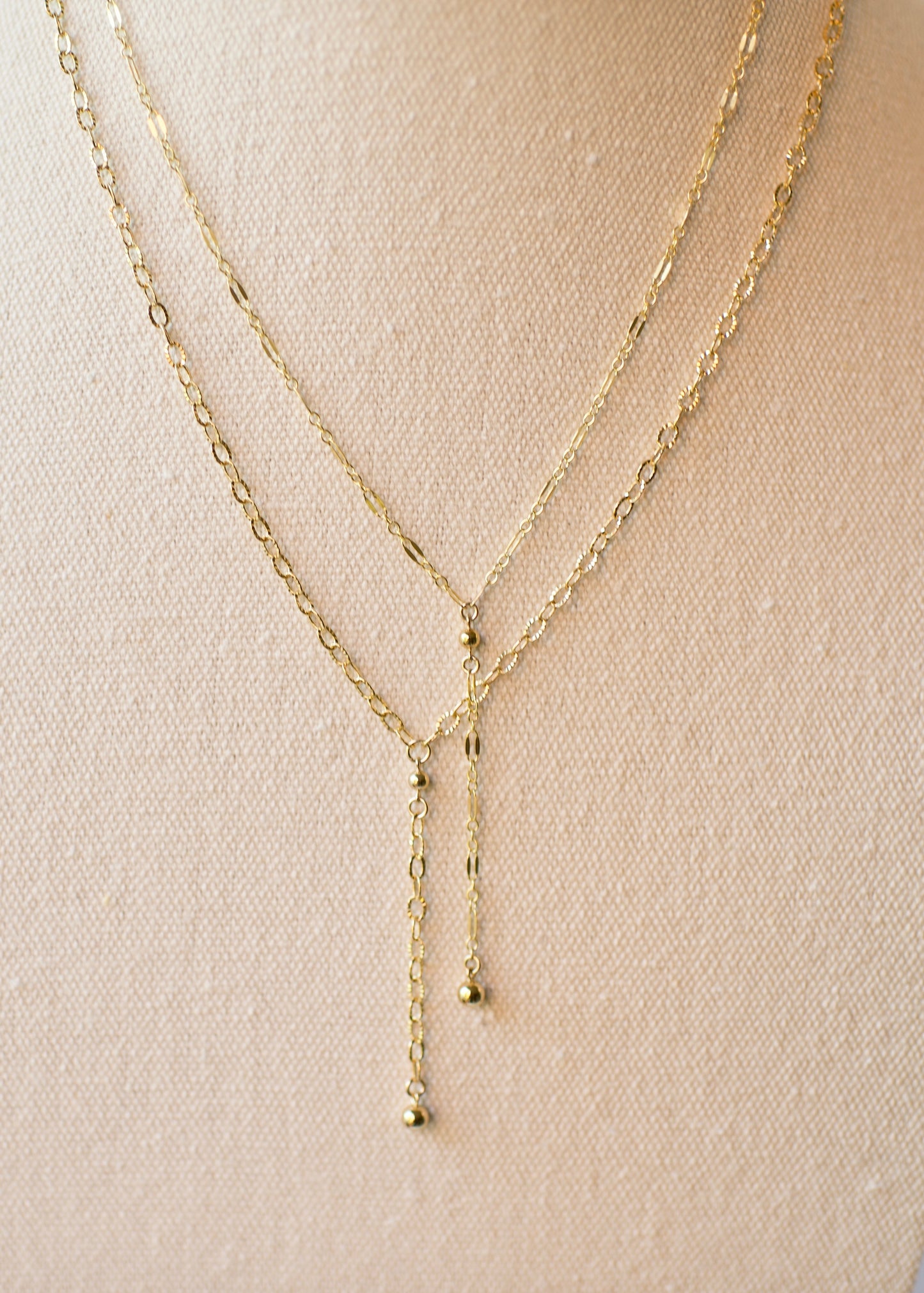 Y Necklace in 14k USA Gold Fill with Gold Fill Ball Accents- Sparkle Pattern Oval or Long and Short Dapped Chain