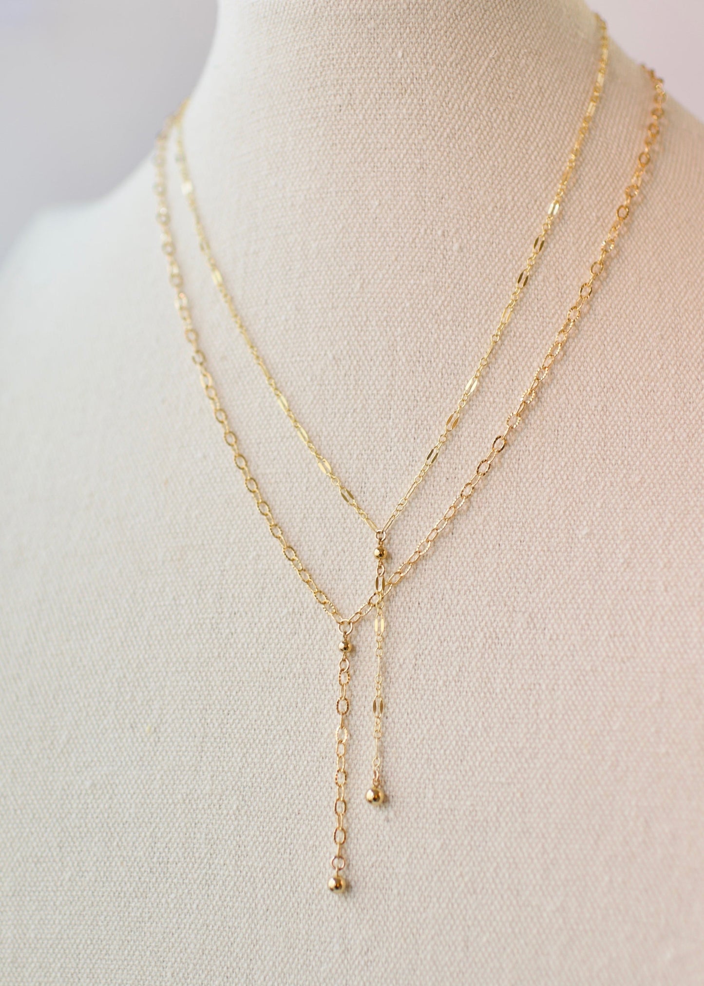 Y Necklace in 14k USA Gold Fill with Gold Fill Ball Accents- Sparkle Pattern Oval or Long and Short Dapped Chain