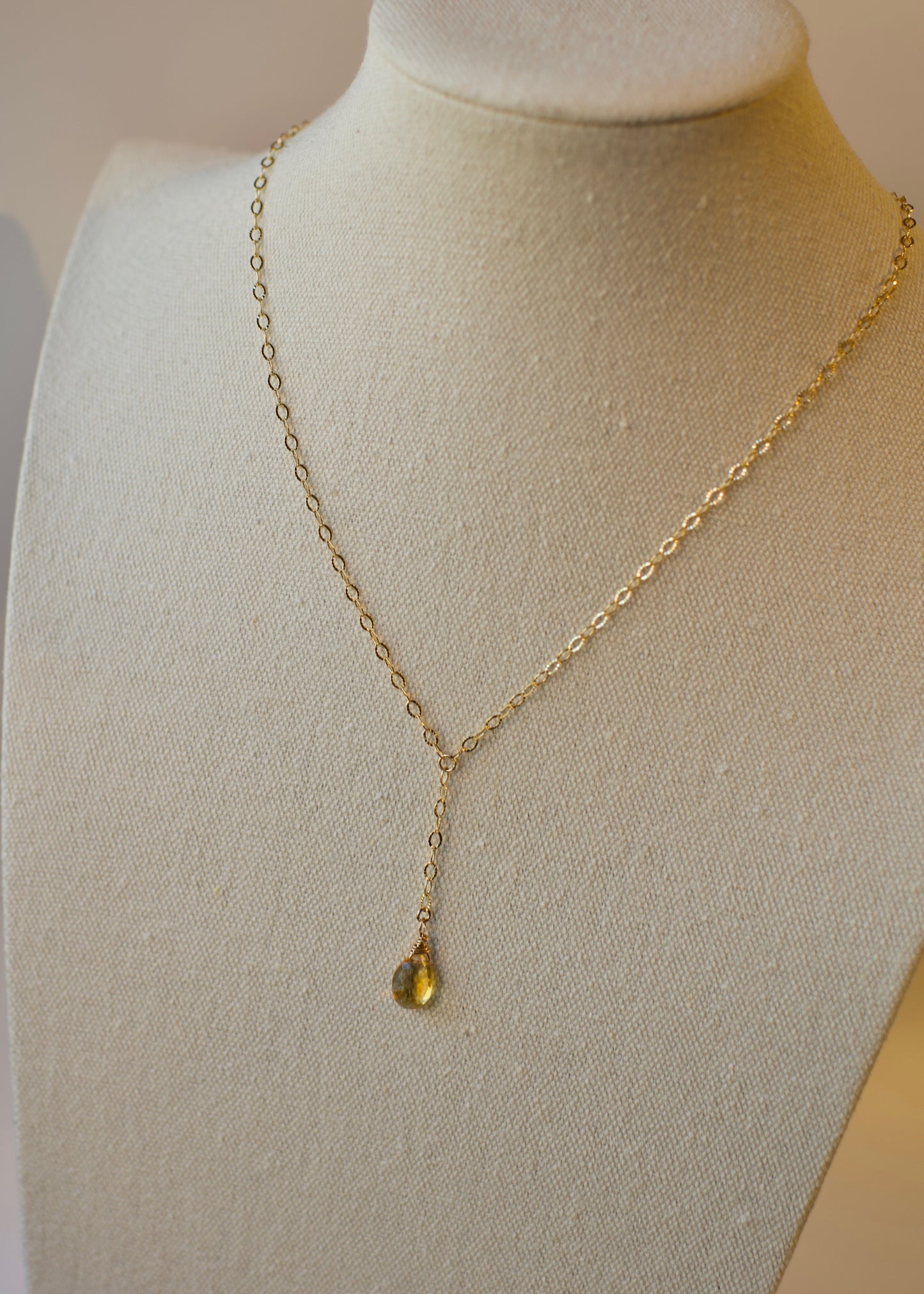 Y Choker in 14k USA Gold Fill Sparkle Pattern Chain with Citrine Tear Drop