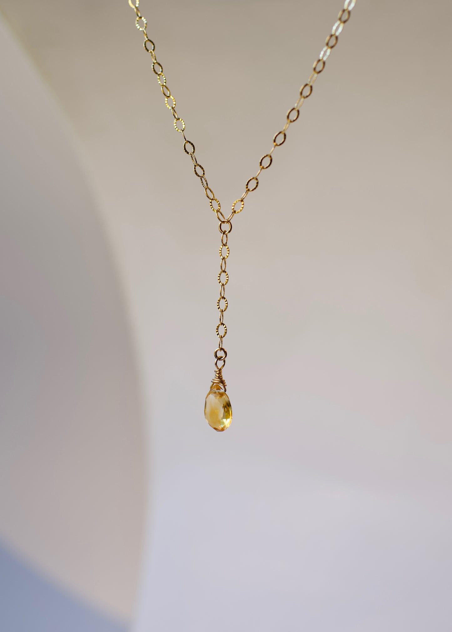 Y Choker in 14k USA Gold Fill Sparkle Pattern Chain with Citrine Tear Drop