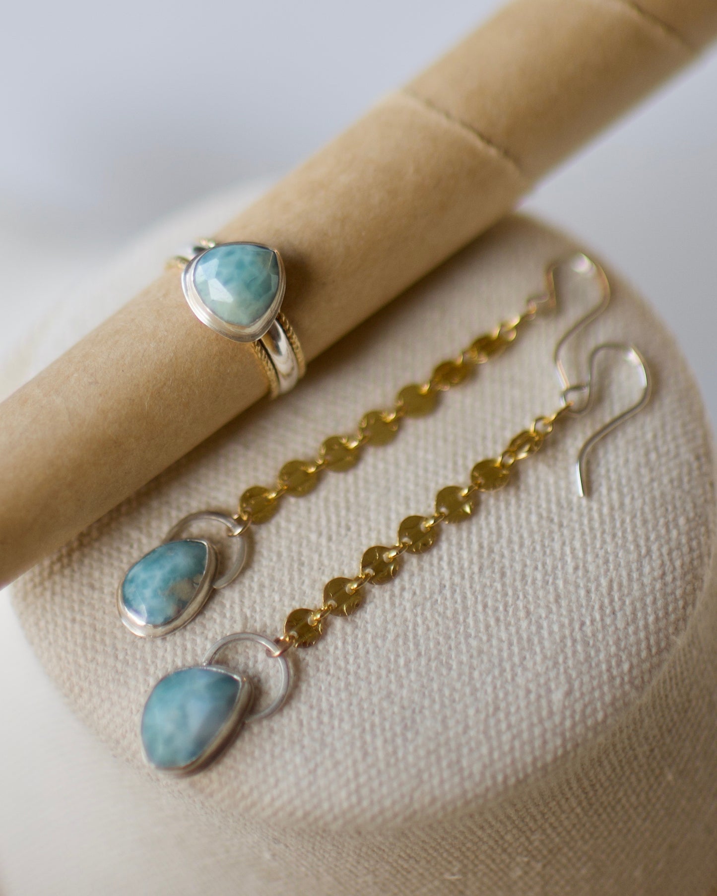 Larimar Set in Sterling Bezel with 14k Gold Fill Chain Earrings