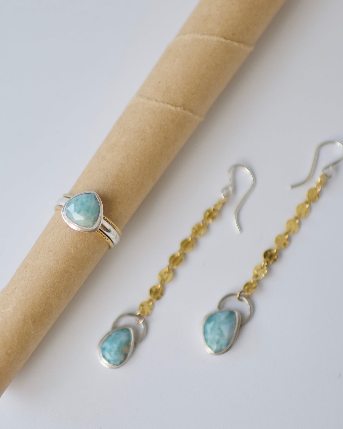 Larimar Set in Sterling Bezel with 14k Gold Fill Chain Earrings