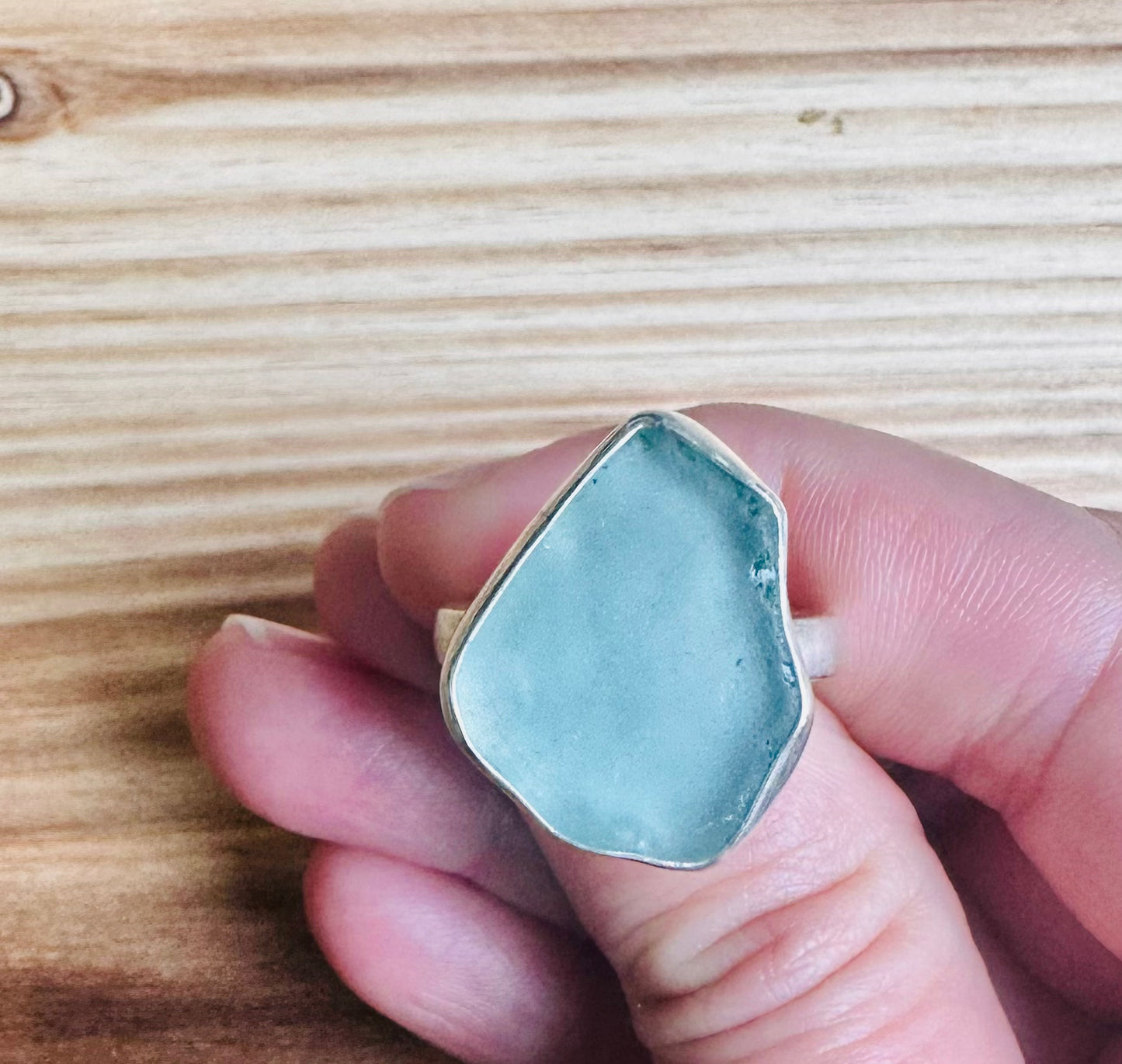 Lake Huron FormedTeal Beach Glass and Sterling Silver Ring 4, Size 8.5