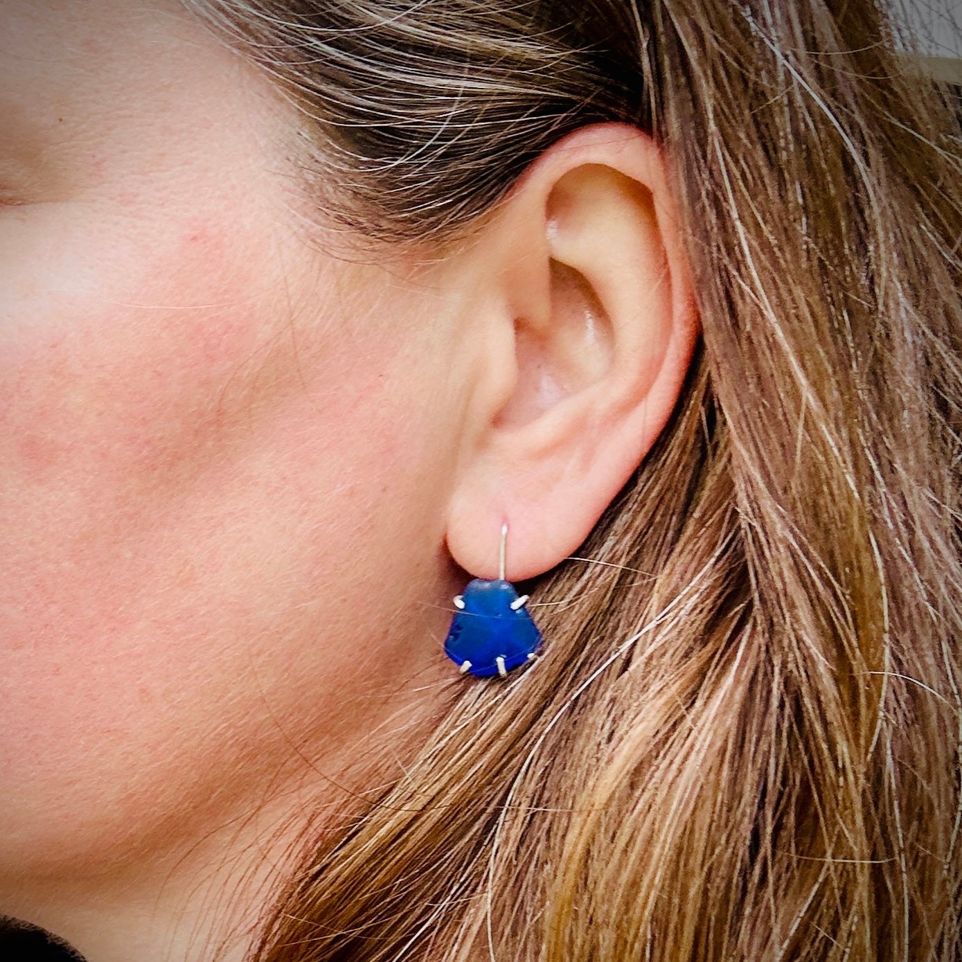 Ethereal Blue Beach Glass Prong Set Threader Earrings