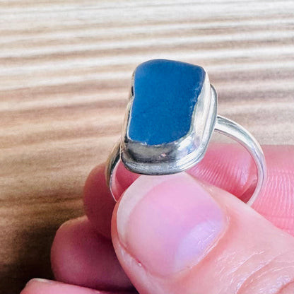 Authentic, Cornflower Blue Beach Glass and Sterling Silver Ring - Size 7.25