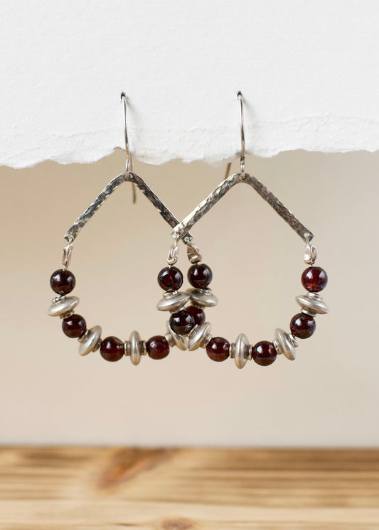 Hand Hammered Sterling Silver Dangle with Garnet and Sterling Silver Saucer Beads