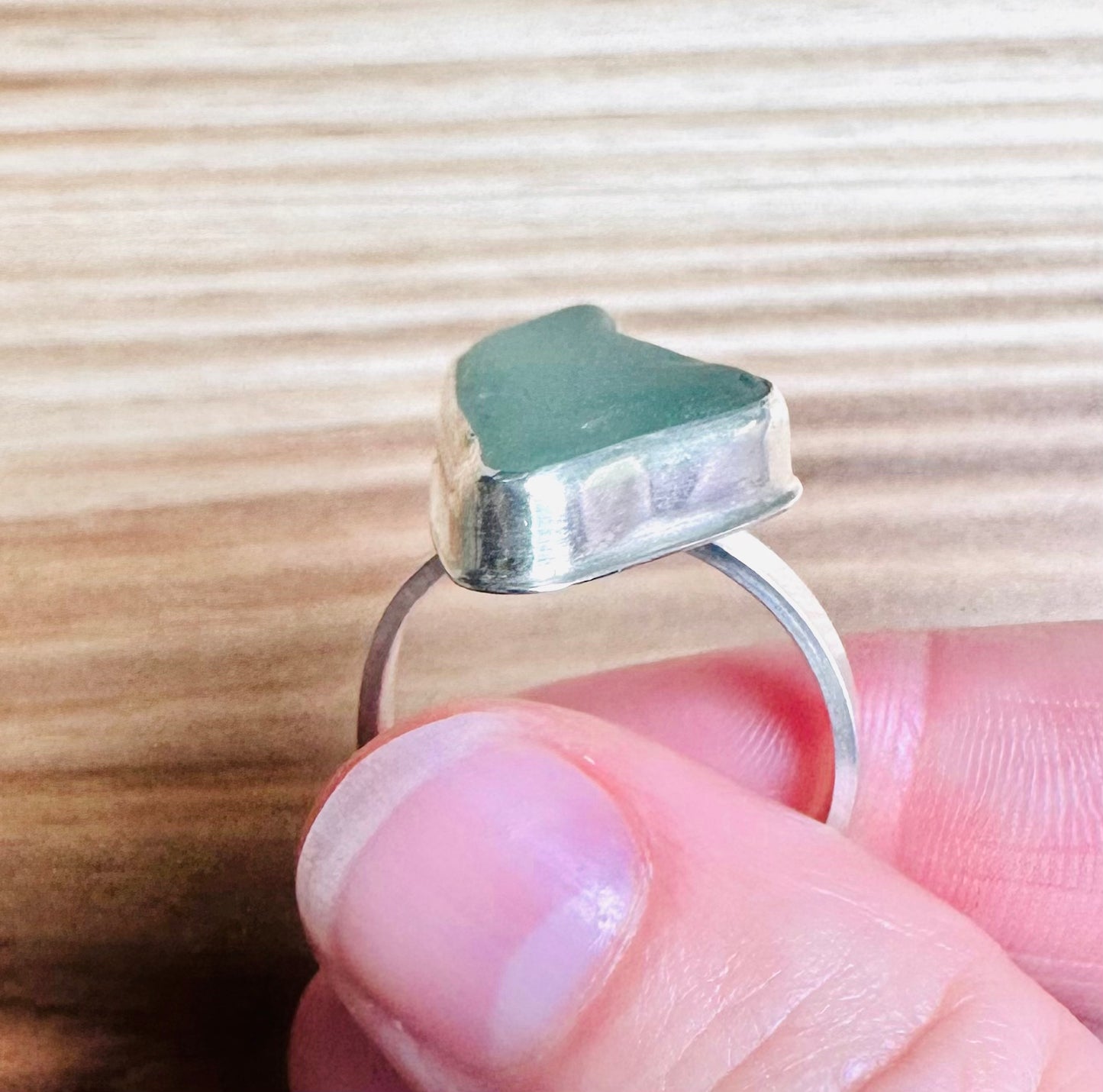 Authentic, Coke Bottle Green Beach Glass and Sterling Silver Ring - Size 8.75