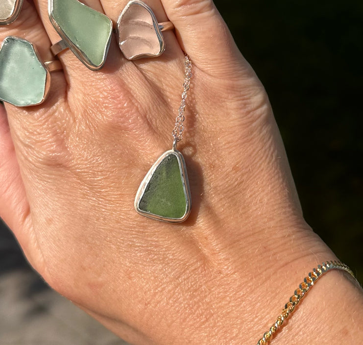 Green Triangle Beach Glass Necklace in Sterling Silver