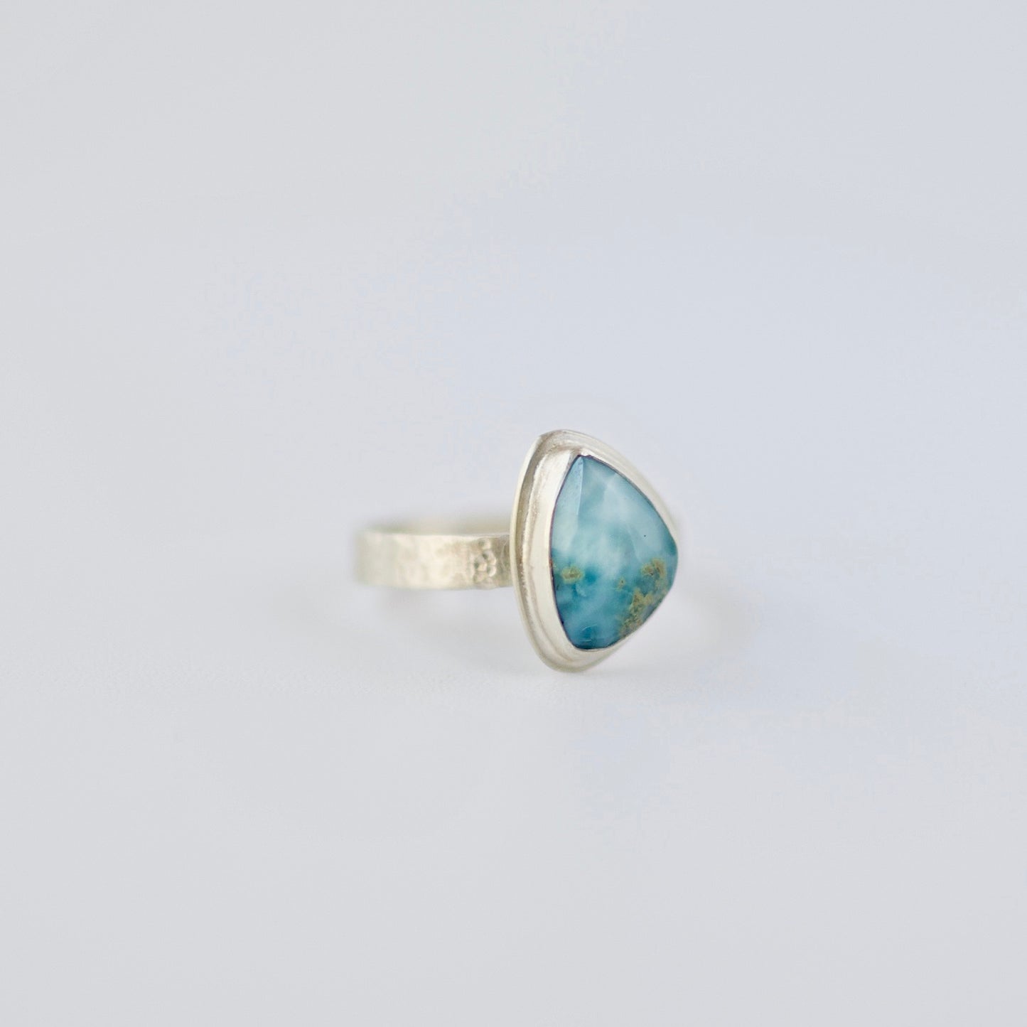 Sterling Silver Larimar Ring with Hammered Band