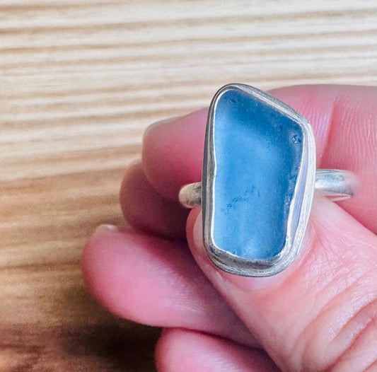 Authentic, Cornflower Blue Beach Glass and Sterling Silver Ring - Size 7.25