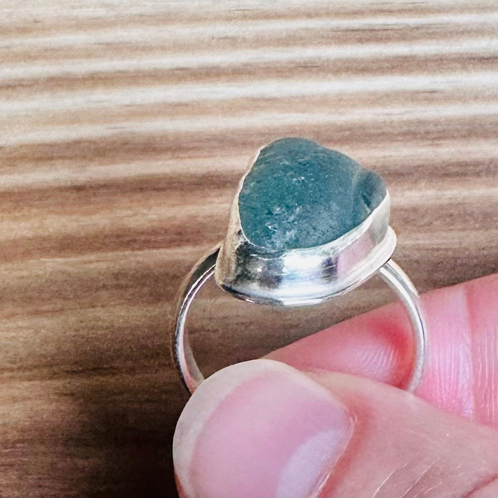 Authentic, Dark Teal Beach Glass and Sterling Silver Ring - Size 6.5