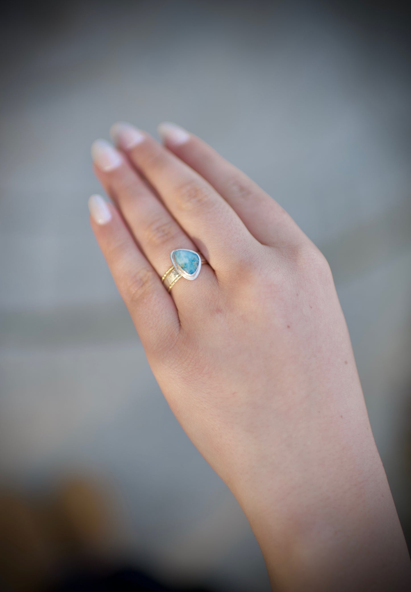 Sterling Silver Larimar Ring with Hammered Band
