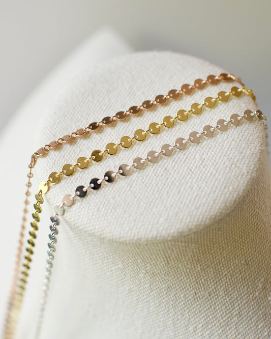 Disc Chain, USA Standard Yellow and Rose Gold, and .925 Sterling- Disc and Link Chain 13-20 inches