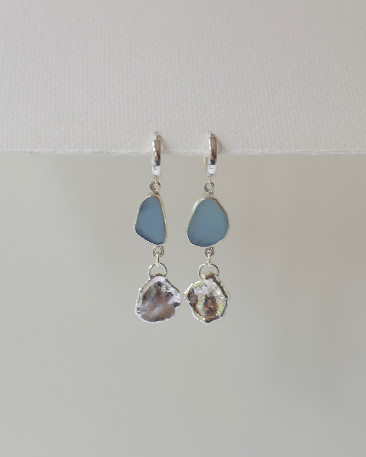 Dangle Earrings, Medium-Small Lake Formed Drops on with Beach Glass in .925 Sterling Silver Hoops, Custom Keepsake Inclusion Lake Formed