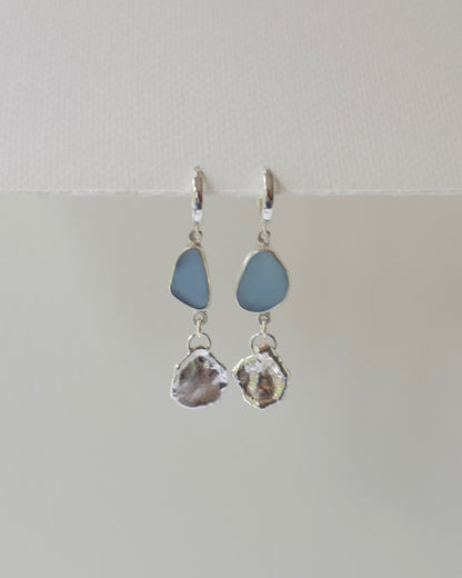 Dangle Earrings, Medium-Small Lake Formed Drops on with Beach Glass in .925 Sterling Silver Hoops, Custom Keepsake Inclusion Lake Formed