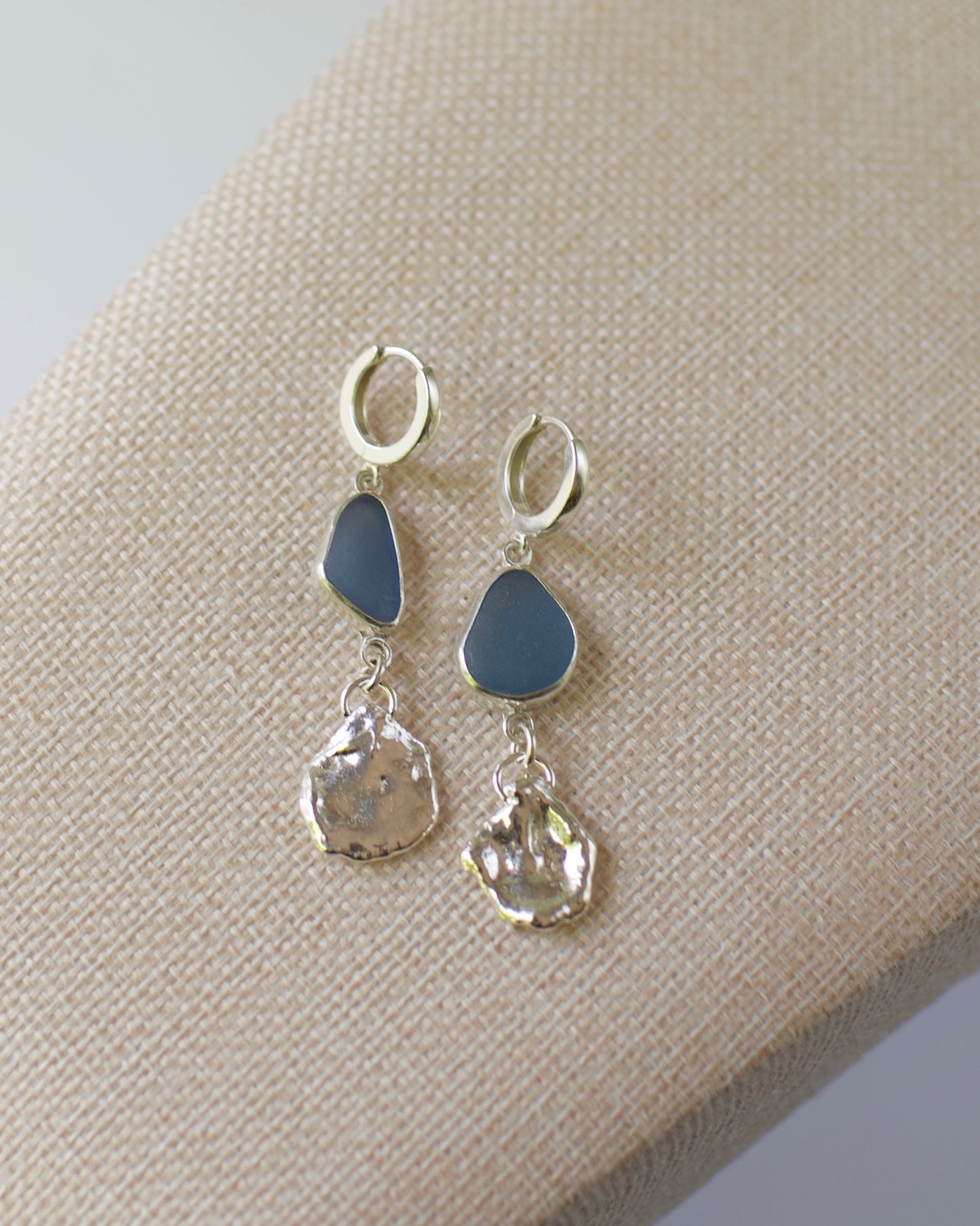 Dangle Earrings, Medium-Small Lake Formed Drops on with Beach Glass in .925 Sterling Silver Hoops, Custom Keepsake Inclusion Lake Formed