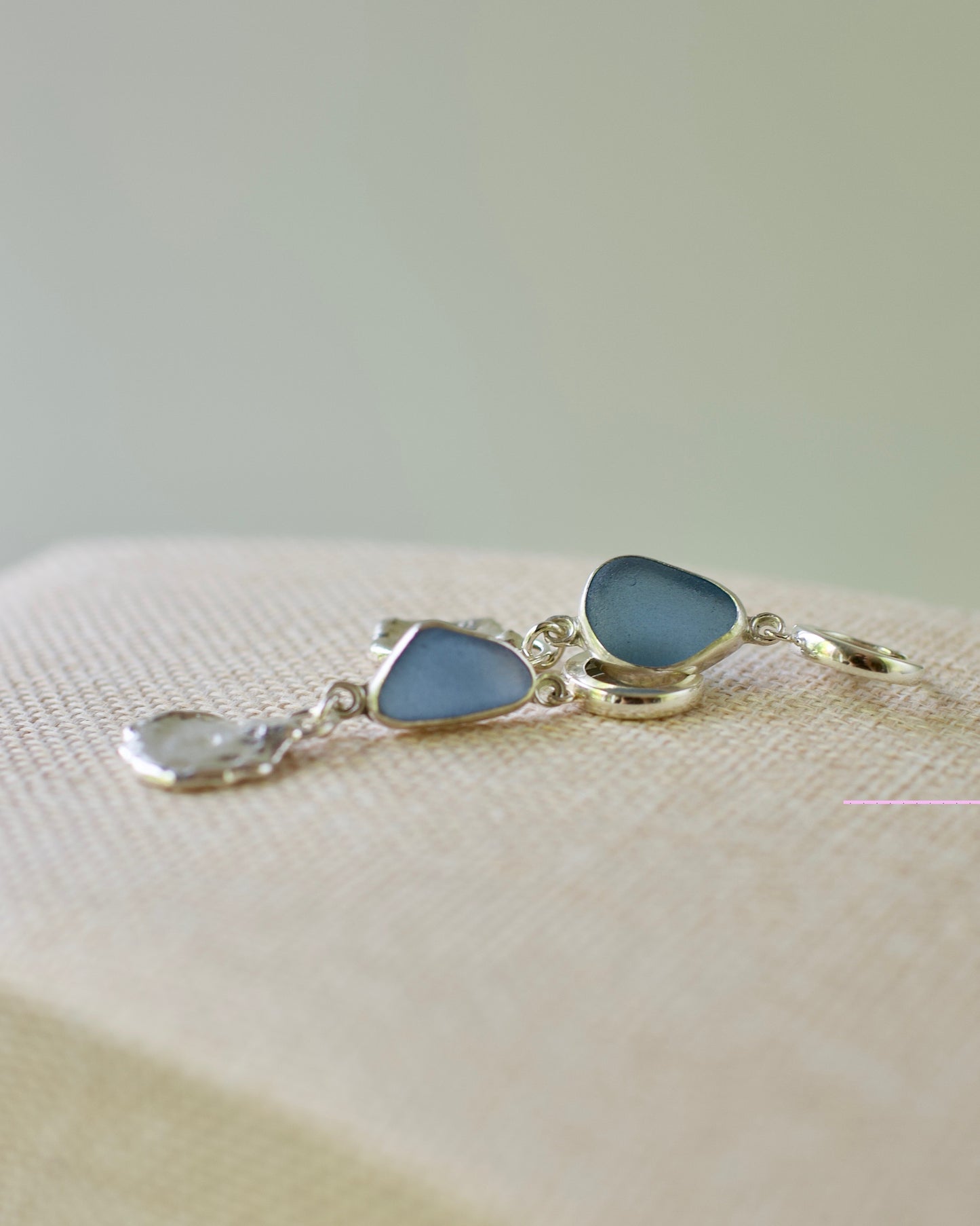 Dangle Earrings, Medium-Small Lake Formed Drops on with Beach Glass in .925 Sterling Silver Hoops, Custom Keepsake Inclusion Lake Formed