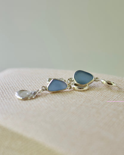 Dangle Earrings, Medium-Small Lake Formed Drops on with Beach Glass in .925 Sterling Silver Hoops, Custom Keepsake Inclusion Lake Formed
