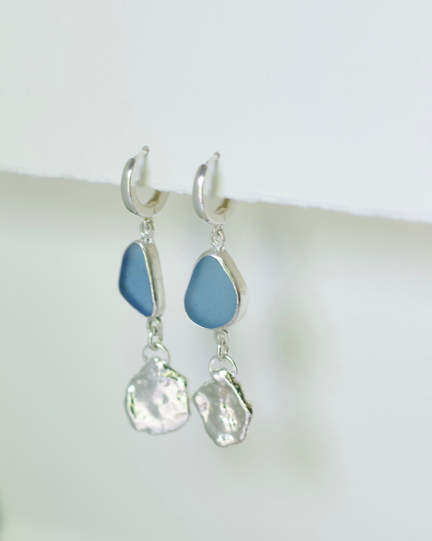 Dangle Earrings, Medium-Small Lake Formed Drops on with Beach Glass in .925 Sterling Silver Hoops, Custom Keepsake Inclusion Lake Formed