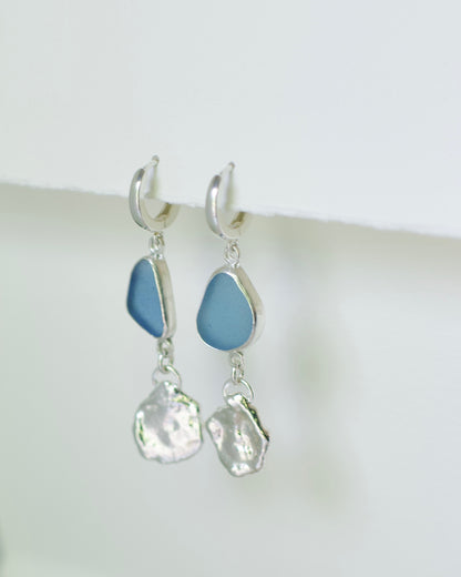 Dangle Earrings, Medium-Small Lake Formed Drops on with Beach Glass in .925 Sterling Silver Hoops, Custom Keepsake Inclusion Lake Formed