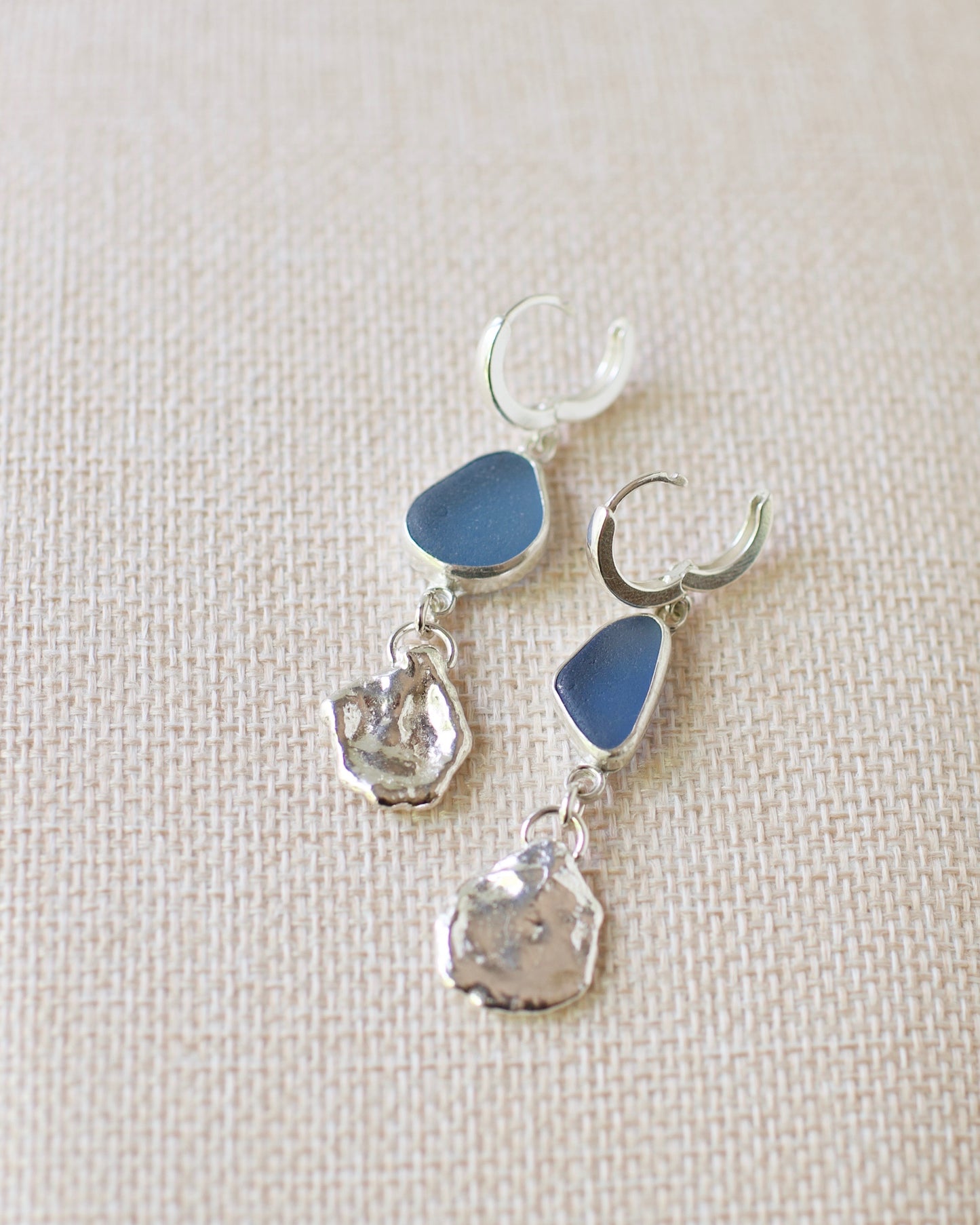 Dangle Earrings, Medium-Small Lake Formed Drops on with Beach Glass in .925 Sterling Silver Hoops, Custom Keepsake Inclusion Lake Formed
