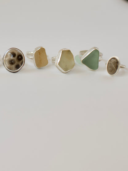 H. One-of-a-Kind Great Lakes Beach Glass Ring - Unique Soft Yellow  - Size 7.25