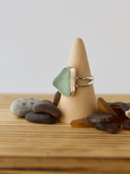 E. One-of-a-Kind Great Lakes Beach Glass Ring - Seafoam Green  - Size 9.5