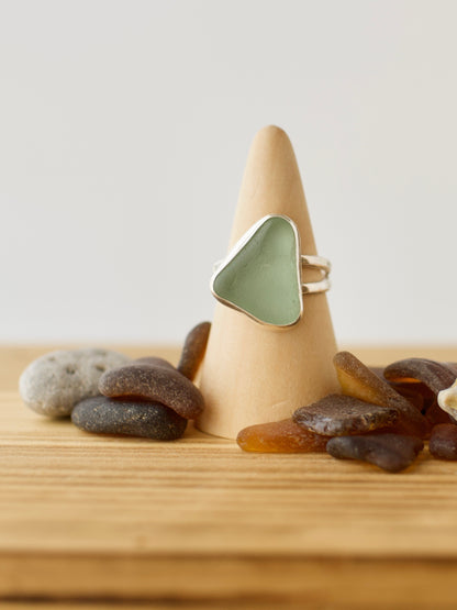 E. One-of-a-Kind Great Lakes Beach Glass Ring - Seafoam Green  - Size 9.5