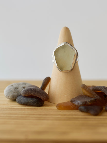 H. One-of-a-Kind Great Lakes Beach Glass Ring - Unique Soft Yellow  - Size 7.25