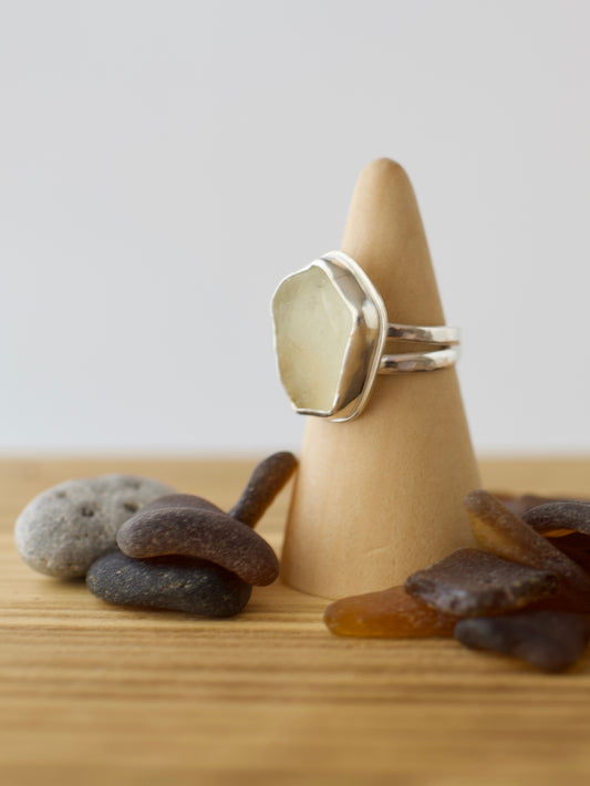 H. One-of-a-Kind Great Lakes Beach Glass Ring - Unique Soft Yellow  - Size 7.25