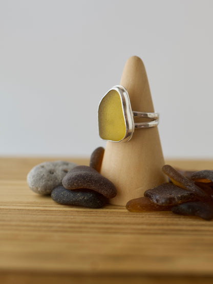 A. One-of-a-Kind Great Lakes Beach Glass Ring - Rare Yellow - Size 7