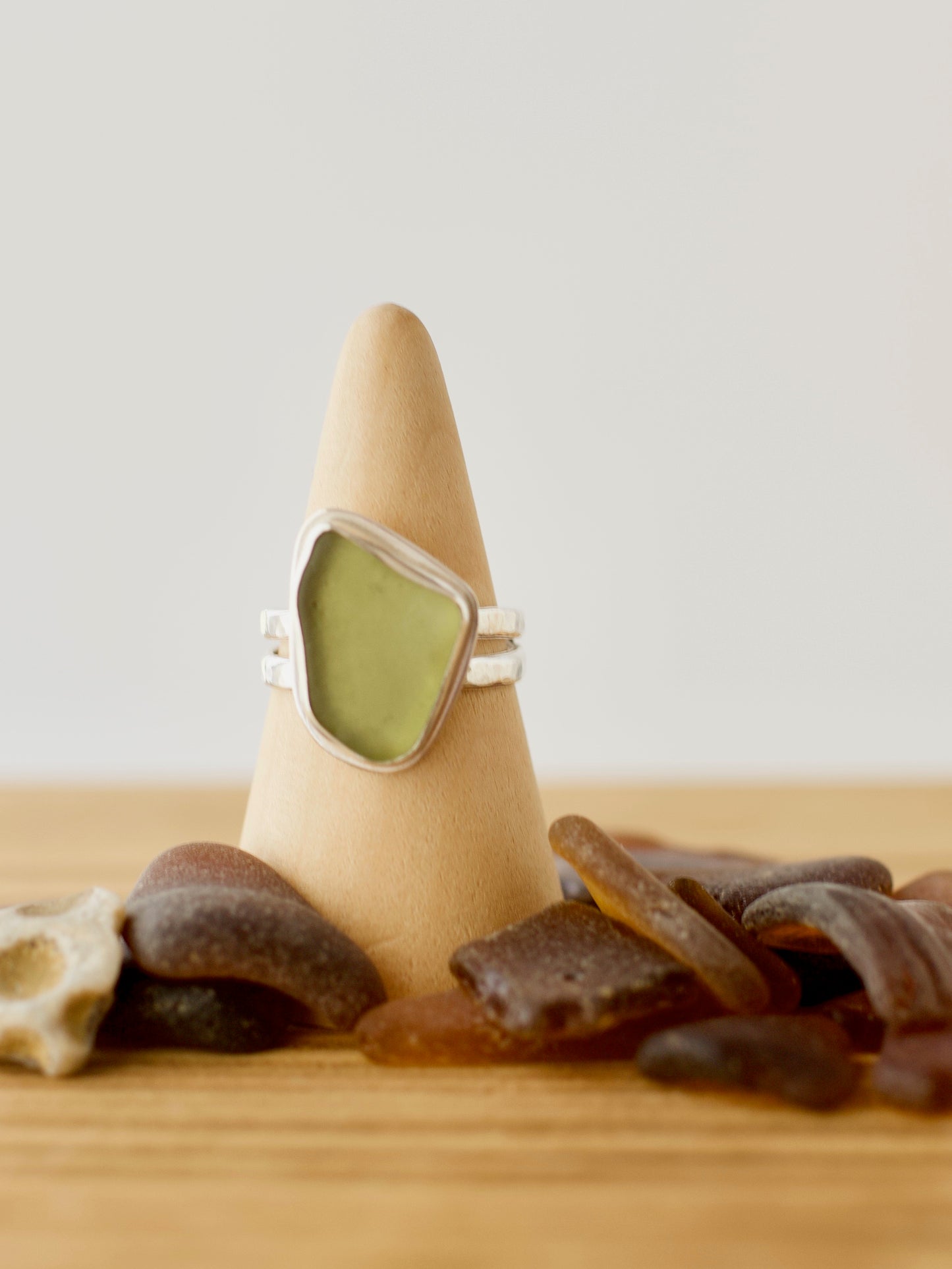 F. One-of-a-Kind Great Lakes Beach Glass Ring - Unique Sage Olive Green  - Size 9.25