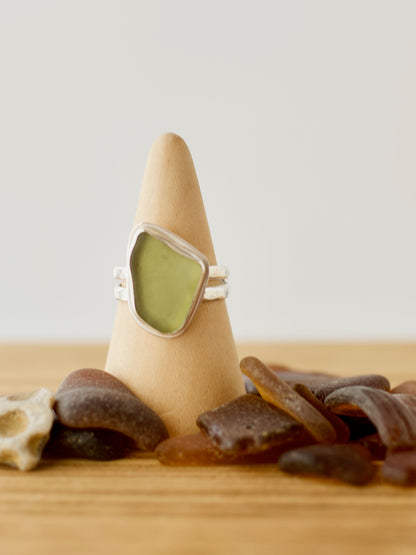 F. One-of-a-Kind Great Lakes Beach Glass Ring - Unique Sage Olive Green  - Size 9.25