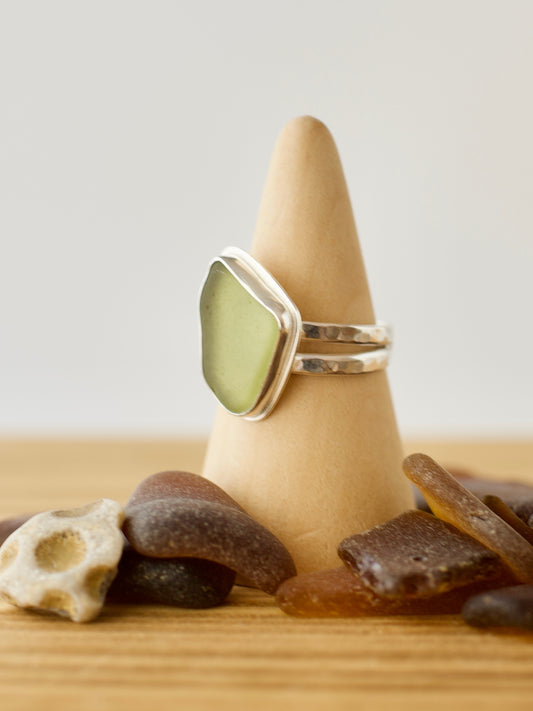 F. One-of-a-Kind Great Lakes Beach Glass Ring - Unique Sage Olive Green  - Size 9.25