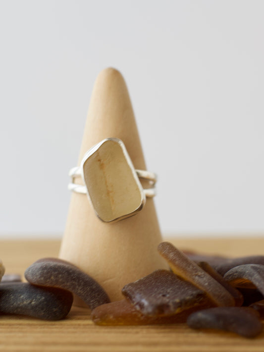 B. One-of-a-Kind Great Lakes Beach Glass Ring - Rare Pale Amber - Size 9