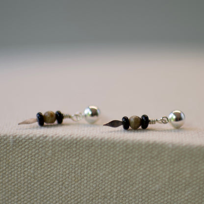 Sterling Silver Hollow Dome Post Earrings with Black Onyx and Petoskey Stone Drop Dangle